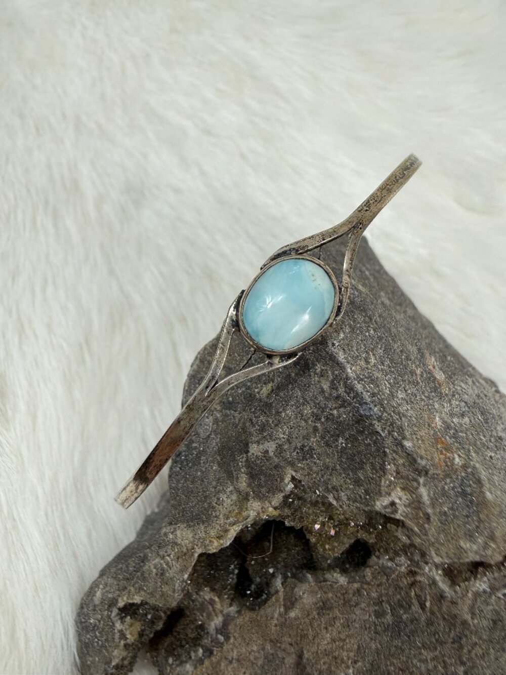 Sterling Silver Larimar Stone Cuff Bracelet w/ Chain 7"